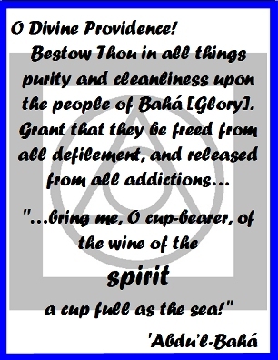 O Divine Providence! Bestow Thou in all things purity and cleanliness upon the people of Baha [Glory]. Grant that they be freed from all defilement, and released from all addictions...  "...bring me, O cup-bearer, of the wine of the SPIRIT a cup full as the sea." #Bahai #Addiction #abdulbaha